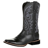 tanie Kowboj i zachodnie buty-męskie brązowe haftowane kowbojskie buty ze sztucznej skóry w stylu western - klasyczny, wytrzymały styl rodeo z kwadratowymi noskami do rancza i noszenia na zewnątrz