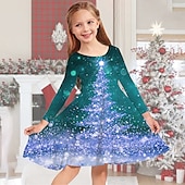 abordables Vestido con visión brillante en 3D-Niños Chica Vestido de Navidad Vestido Vestido de copo de nieve Copo Manga Larga Regalos de Navidad Casual Cuello redondo Adorable Diario Poliéster Sobre la rodilla Vestido informal Vestido de