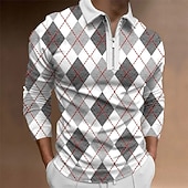 Men's Plaid Zip Polo Shirts Golf Shirt Long Sleeve Polo Shirts Collared Shirts Business Casual WorkWear Formal Wear Festival Wear 3D Print Quarter Zip Polo Black3