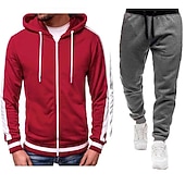 cheap Basic Tracksuits-Men's Tracksuit Sweatsuit Zip Hoodie Sweatshirt Hoodie Jacket Jogging Suits Red &amp; Black Black+Light Grey Dark Grey+Light Grey Red+Light Grey Red+Dark Grey Hooded Color Block Drawstring 2 Piece Sports