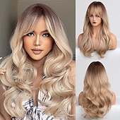 cheap Synthetic Trendy Wigs-Long Auburn Wig with Bangs Layered Curly Orange Wigs for Women Natural Synthetic Wigs for Daily Use