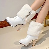 cheap Snow &amp; Winter Boots-Women&#039;s White Faux Fur Ankle Boots with Rhinestone Heels - Elegant Winter High Heels for Parties and Special Occasions