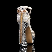 economico Semi-formale-tacchi a spillo con plateau impreziositi da strass bianchi e perle da donna con fiocco – scarpe da sposa di lusso