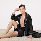 voordelige Ochtendjassen-Voor heren Grote maten Gewaad Zijden jurk Badjassen Zijden Kimono 2-delig Golven Eenvoudig Comfortabel Huis Dagelijks Faux Zijde Polyester Geschenk Revers Lange mouw Gewaad Top Korte broek Zak