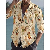 preiswerte Retro Vintage Druck-Herren Meerjungfrau Hemd Langarm Modisch Designer Brautkleider schlicht Casual Festtage Ausgehen Herbst Winter Umlegekragen Bedruckt Button-Down Beige