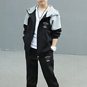 cheap Sets-2 Pieces Kids Boys Tracksuits Outfit Color Block Letter Long Sleeve Cotton Set Sports Winter Fall 7-13 Years Black Gray