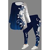cheap Two Piece Sets-Women&#039;s 2 Pieces Casual Set Long Sleeve Crew Neck Floral Print Daily Going out Weekend Black And White Gray Black Black Fall Regular Fit