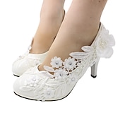abordables Semiformal-Tacones de boda blancos para mujer: adornos florales de encaje con detalles de perlas y diamantes de imitación, perfectos para novias y ocasiones especiales