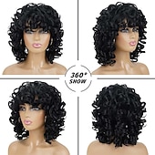 baratos Perucas de Qualidade Superior-perucas curtas encaracoladas para mulheres negras peruca preta macia grande encaracolada com franja cachos afro crespos resistentes ao calor peruca sintética de aparência natural para mulheres