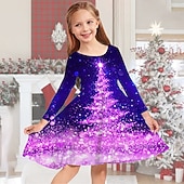 abordables Vestido con visión brillante en 3D-Niños Chica Vestido de Navidad Vestido Vestido de copo de nieve Copo Manga Larga Regalos de Navidad Casual Cuello redondo Adorable Diario Poliéster Sobre la rodilla Vestido informal Vestido de