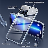 baratos Capas para iPhone-Capa para iPhone com Bumper de Metal de Vidro Temperado Duplo Lado Magnético – Capa Flip Clara para iPhone 16/15/14/13/12 Pro Max