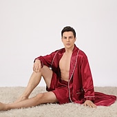 voordelige Ochtendjassen-Voor heren Grote maten Gewaad Zijden jurk Badjassen Zijden Kimono 2-delig Golven Eenvoudig Comfortabel Huis Dagelijks Faux Zijde Polyester Geschenk Revers Lange mouw Gewaad Top Korte broek Zak