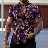 billiga Tropiska växter-Herr Grafisk Löv Tropiska växter Skjorta Hawaii skjorta Aloha skjorta Kortärmad Skjorta Nedvikt Mode Designer Ledigt Gata Dagligen Helgdag Röd grön Svart Svart / Purpur 3D-tryck S M L