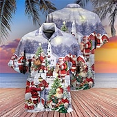 preiswerte Weihnachtsmann-Outfit-Weihnachtshemden Herrenhemd Weihnachtsmann Grafikdrucke Turndown blau grau 3D-Druck Weihnachten Straße Kurzarm Button-Down-Druck Kleidung Bekleidung Modedesigner lässig