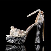 economico Semi-formale-tacchi a spillo con plateau impreziositi da strass bianchi e perle da donna con fiocco – scarpe da sposa di lusso