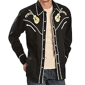 preiswerte Westernhemden für Herren-Herren Grafik-Drucke Gitarre Hemd Westernhemd Cowboy-Shirt Langarm Modisch Designer Brautkleider schlicht Outdoor Täglich Herbst Winter Umlegekragen Bedruckt Button-Down Schwarz Schwarz / Grün
