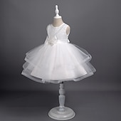 abordables Robes à Fleurs pour Filles-Tout-petit Fille Robe de Soirée Couleur Unie Sans manches Performance Mariage Noeud de cravate Adorable Princesse Polyester Mi-long Robe en Tulle Été Printemps 3-7 Ans Multicouleur Blanche Champagne