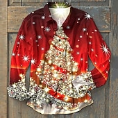 voordelige Kerstboomoutfit-Voor heren Overhemd Boom Grafische prints Strijkijzer Rood 3D-afdrukken Kerstmis Straat Lange mouw Button-omlaag Afdrukken Kleding Modieus Ontwerper Casual Zacht