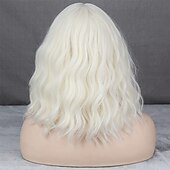 preiswerte Trendige synthetische Perücken-kurze platinblonde Damenperücken weißblonde gewellte Perücke mit Pony mittellange platinblonde gewellte Synthetikperücke für den täglichen Gebrauch