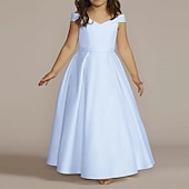 billige Blomsterpikekjoler-Strandbryllup A-Linje Gulvlengde Blomsterpikekjole Første Kommunion Jenters Søte Prom Kjole Satin med Drapering Elegant Passform 3-16 År Kjole å imponere