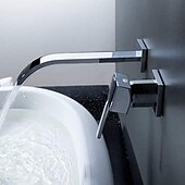 abordables Soporte para pared-Grifos para lavabo de baño, cascada de latón, estilo moderno, montaje en pared, monomando, dos orificios, acabado cromado, grifo de baño con interruptor frío y caliente
