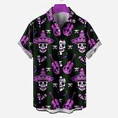 abordables Camisetas de Halloween-Hombre Cráneos Camisa Mangas cortas Moda Design Casual Exterior Víspera de Todos los Santos Calle Verano Primavera Cuello Vuelto Estampado Abotonar Azul Marino Azul Piscina Morado Verde Trébol