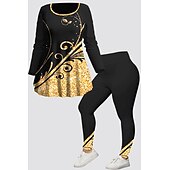 cheap Two Piece Sets-Women&#039;s 2 Pieces Casual Set Long Sleeve Crew Neck Floral Print Daily Going out Weekend Black And White Gray Black Black Fall Regular Fit