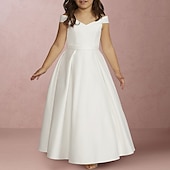 billige Blomsterpikekjoler-Strandbryllup A-Linje Gulvlengde Blomsterpikekjole Første Kommunion Jenters Søte Prom Kjole Satin med Drapering Elegant Passform 3-16 År Kjole å imponere