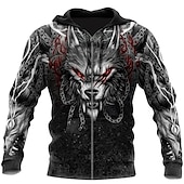 Men's Animal Wolf Graphic Prints Viking Hoodie Hoodies Sweatshirt Streetwear Designer Long Sleeve Hooded Sports & Outdoor Daily Sports Black Zipper Print Spring &  Fall Designer4