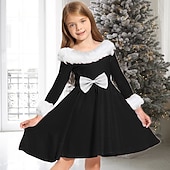 preiswerte Weihnachtskleider für Kinder-kinderkleidung Mädchen Kleid Feste Farbe Langarm Casual Pelzkragen Rundhalsausschnitt bezaubernd Täglich Polyester Übers Knie Casual kleid Schaukelkleid A Linie Kleid Herbst Winter 2-13 Jahre Schwarz