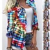 tanie Kwiatowe bluzki-Damskie Koszula Bluzka Szałat Żółty Czerwony Niebieski Kratka Kolorowy blok Guzik Nadruk Długi rękaw Codzienny Weekend Moda miejska Codzienny Kołnierzyk koszuli Regularny S