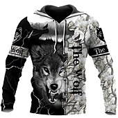 baratos Moletons masculinos com capuz-Homens Lobo Estampas Abstratas Moletom Moletons Moletom com capuz Manga Longa Moletom com capuz Com Capuz Roupa de rua Impressão 3D Diário Esportes Preto Imprimir Primavera &amp; Outono Designer
