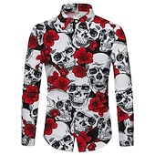 economico Giorno dei Morti Costume-Per uomo Rosa Floreale Teschi Camicia Manica lunga Di tendenza Originale Informale Halloween Strada Informale Autunno inverno Collo ripiegabile Stampa Bottone giù Nero e rosso Vinaccia Nero Bianco