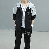 cheap Sets-2 Pieces Kids Boys Tracksuits Outfit Color Block Letter Long Sleeve Cotton Set Sports Winter Fall 7-13 Years Black Gray