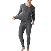 cheap Men&#039;s Pajamas-Men&#039;s Thermal Underwear Sleepwear Thermal Set Pure Color Basic Fashion Comfort Home Polyester Warm Crew Neck Long Sleeve Pant Elastic Waist Winter Fall Black Light gray