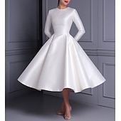 preiswerte Cocktailkleider-Ballkleid Cocktailkleider Süßes Kleid Hochzeit Tee-Länge Langarm Juwelenhals Herbst Hochzeitsgast Satin mit Falten Einfarbige Kleider