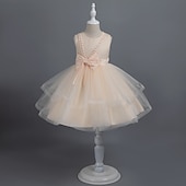 abordables Robes à Fleurs pour Filles-Tout-petit Fille Robe de Soirée Couleur Unie Sans manches Performance Mariage Noeud de cravate Adorable Princesse Polyester Mi-long Robe en Tulle Été Printemps 3-7 Ans Multicouleur Blanche Champagne