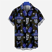 abordables Camisetas de Halloween-Hombre Cráneos Camisa Mangas cortas Moda Design Casual Exterior Víspera de Todos los Santos Calle Verano Primavera Cuello Vuelto Estampado Abotonar Azul Marino Azul Piscina Morado Verde Trébol
