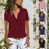 ieftine Topuri simple pentru femei-bluză de damă buzunar uni guler cămașă zilnică mânecă de tricou albastru deschis de vară negru violet roșu închis roz