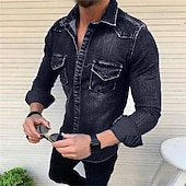 abordables camisas de mezclilla de los hombres-Hombre Camisa vaquera Color sólido Diario Viaje Azul Piscina Negro Azul claro Manga Larga Cuello Primavera &amp; Otoño Ropa Abotonar