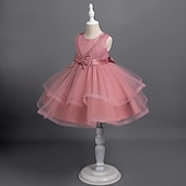 abordables Robes à Fleurs pour Filles-Tout-petit Fille Robe de Soirée Couleur Unie Sans manches Performance Mariage Noeud de cravate Adorable Princesse Polyester Mi-long Robe en Tulle Été Printemps 3-7 Ans Multicouleur Blanche Champagne