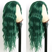 abordables Perruques Synthétiques Sans Bonnet-perruques vertes pour femmes remplacement de cheveux résistant à la chaleur vague de corps profonde perruque partie moyenne synthétique petite perruque de lacet pour la fête de noël perruque de fête