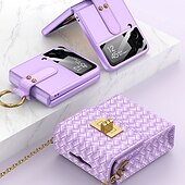 お買い得  サムスン用ケース-サムスン Galaxy Z Flip 4/3/2 バックカバー 防塵 取り外し可能なクロスボディストラップ付き ショックプルーフ ソリッドカラー TPU PUレザー（バッグのみ）