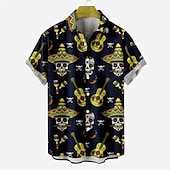 abordables Camisetas de Halloween-Hombre Cráneos Camisa Mangas cortas Moda Design Casual Exterior Víspera de Todos los Santos Calle Verano Primavera Cuello Vuelto Estampado Abotonar Azul Marino Azul Piscina Morado Verde Trébol