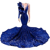 preiswerte ROT-Meerjungfrau Abendkleid Pailletten Elegantes Kleid Verlobung Formelles Abendkleid Gerichtsschleppe Langarm Ein Schulter Maskeradenkleid