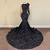 preiswerte ROT-Meerjungfrau Abendkleid Pailletten Elegantes Kleid Verlobung Formelles Abendkleid Gerichtsschleppe Langarm Ein Schulter Maskeradenkleid