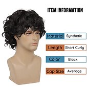 cheap Mens Wigs-Mens Short Curly Black Wig with Bang Synthetic Cosplay Costume Party Natural Hair Wig