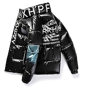 billiga Herrdunjackor och -parkas-Herr Pufferjacka Vadderad Anorak Ficka Mönster Ficka med blixtlås Utomhussport Resa Kort Elegant och modernt Utomhus Ledigt / vardag Vinter Bokstav Silver Svart Gul Pufferjacka