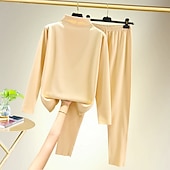 זול בגדי בית לנשים-חולצת טריקו לנשים סטים מכנסיים חולצה תחתית חולצה קז&#039;ואל יומי בייסיק שרוולים ארוכים צווארון גולף שחור סתיו &amp;amp; תלבושות חורף לבית