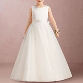 abordables Robes de petite fille-Robe de demoiselle d'honneur princesse longueur sol pour mariage à la plage première communion robe de bal mignonne satin avec nœud(s) taille pour 3-16 ans robe à impressionner